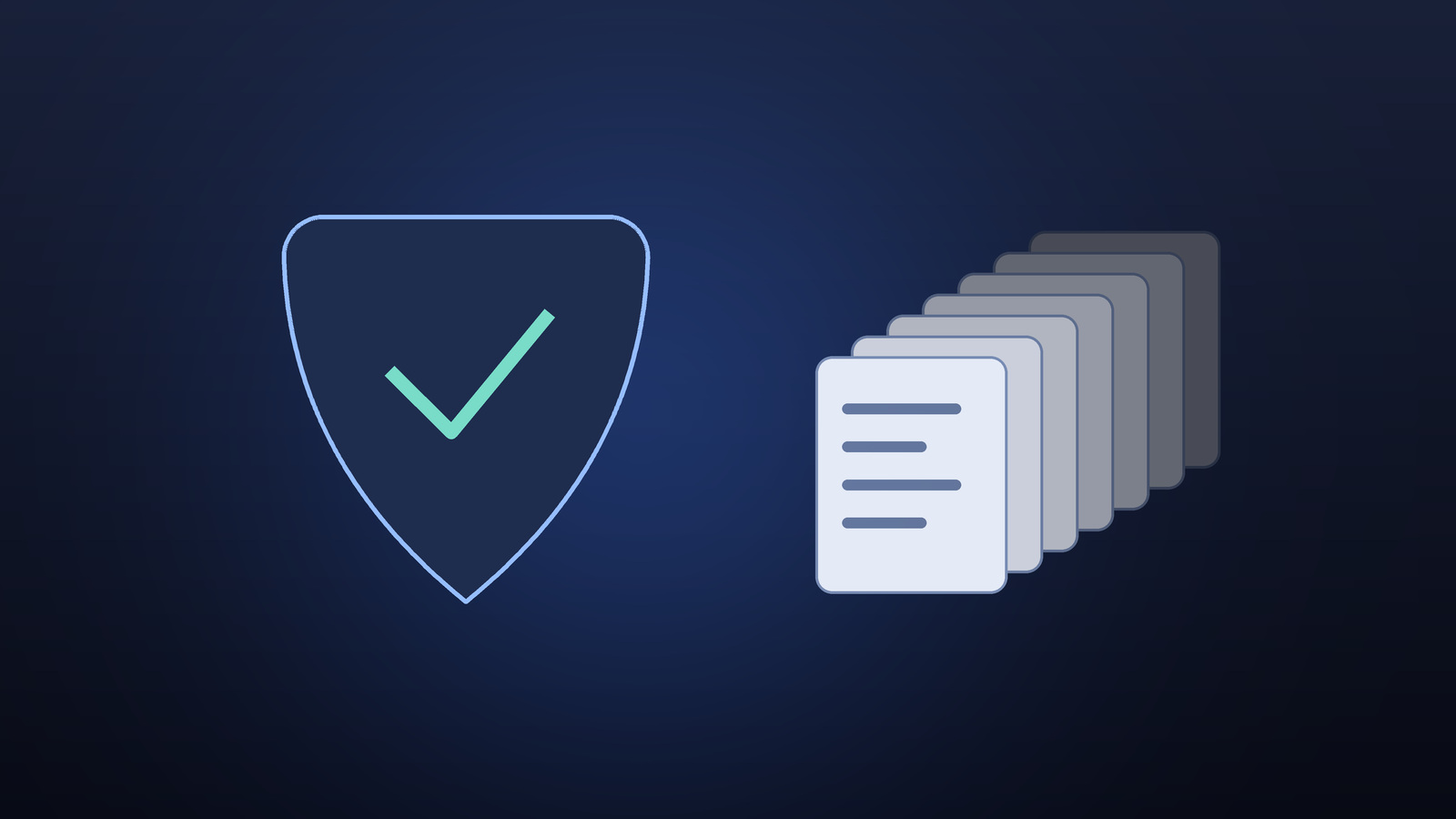Symbolic image for Apple's bug bounty programme: a drawn shield with a checkmark beside a receding stack of incoming reports