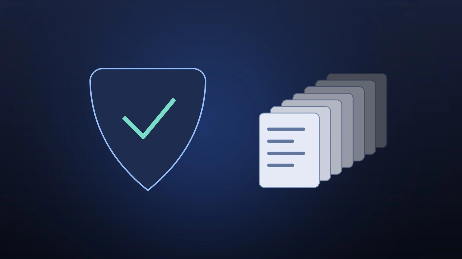 Symbolic image for Apple's bug bounty programme: a drawn shield with a checkmark beside a receding stack of incoming reports