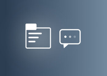 Drawn case folder next to a speech bubble with fading dots on a blue-grey gradient, symbolic image for the Apple versus Prosser lawsuit