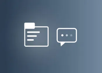 Drawn case folder next to a speech bubble with fading dots on a blue-grey gradient, symbolic image for the Apple versus Prosser lawsuit