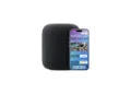 Symbolic image for the Apple HomePad: HomePod next to an iPhone showing the Home app