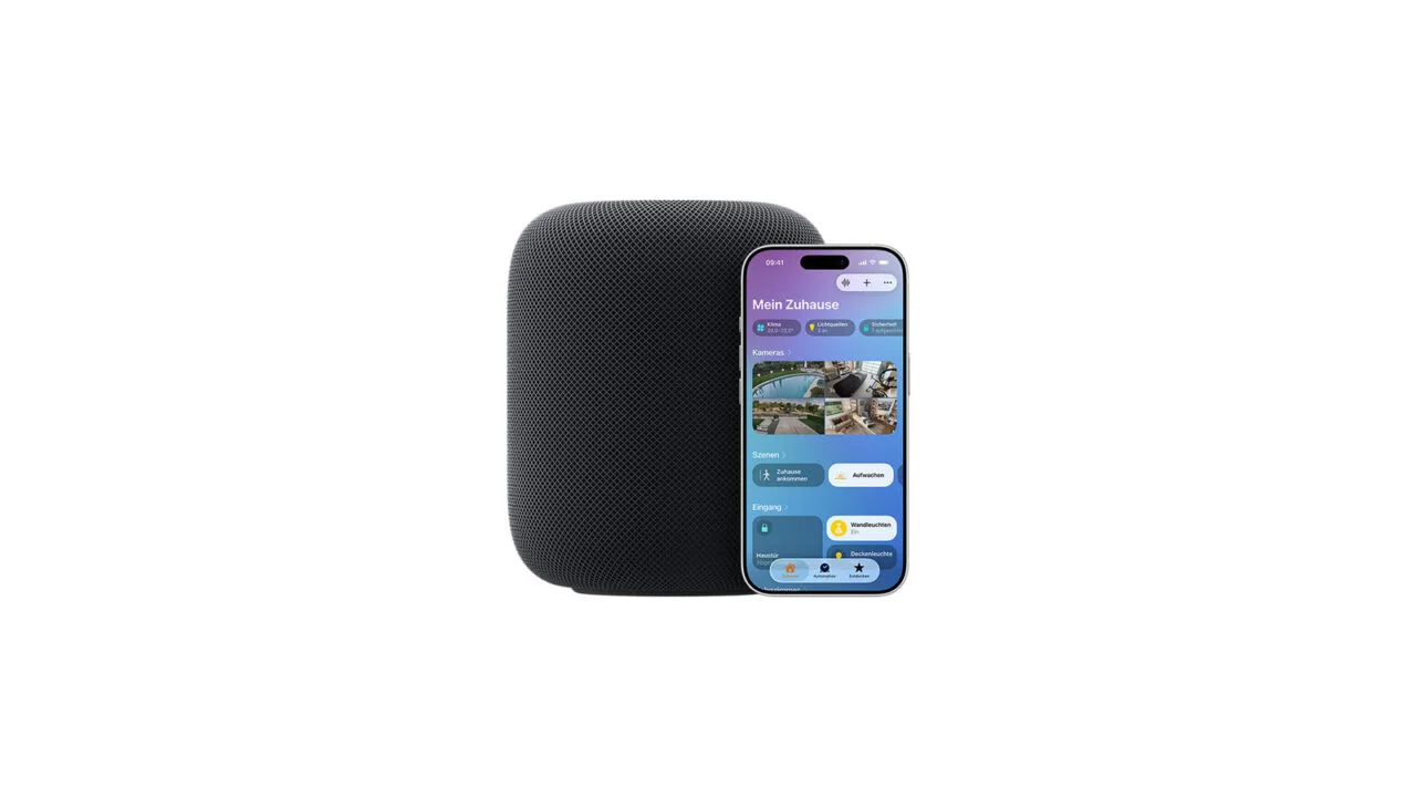 Symbolic image for the Apple HomePad: HomePod next to an iPhone showing the Home app