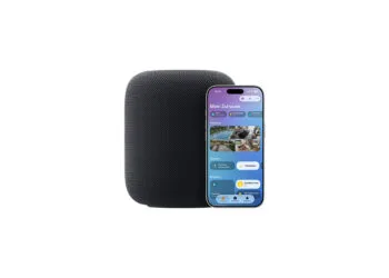 Symbolic image for the Apple HomePad: HomePod next to an iPhone showing the Home app