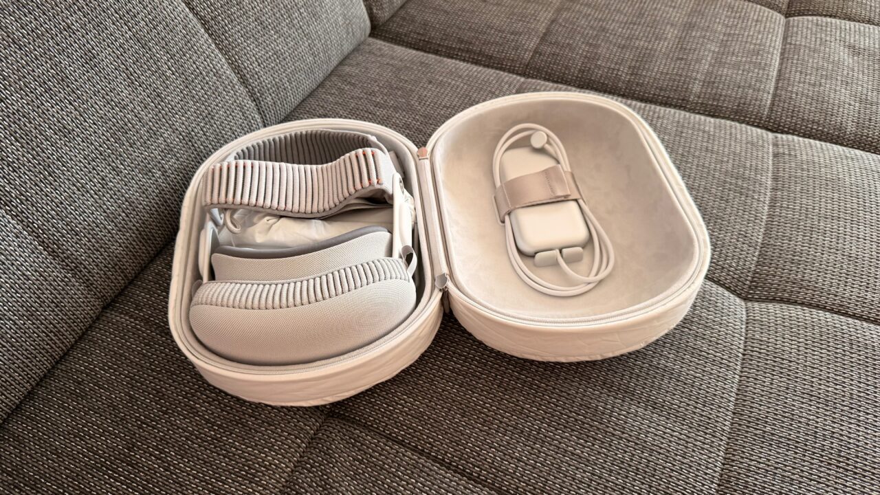 Apple Vision Pro and battery in the open Travel Case – Apple Immersive runs on this device only