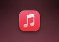 Apple Music icon on a dark red gradient illustrating the labelling of AI-generated songs