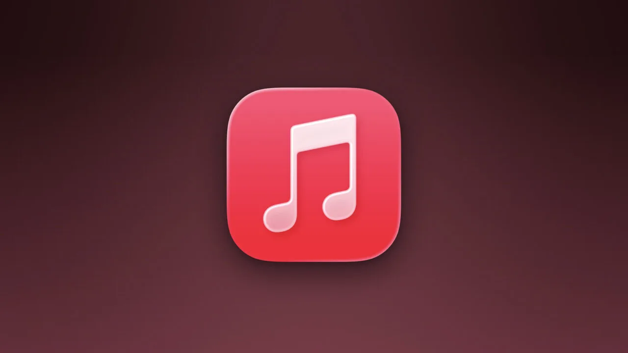 Apple Music icon on a dark red gradient illustrating the labelling of AI-generated songs
