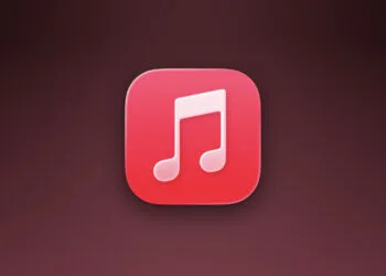 Apple Music icon on a dark red gradient illustrating the labelling of AI-generated songs