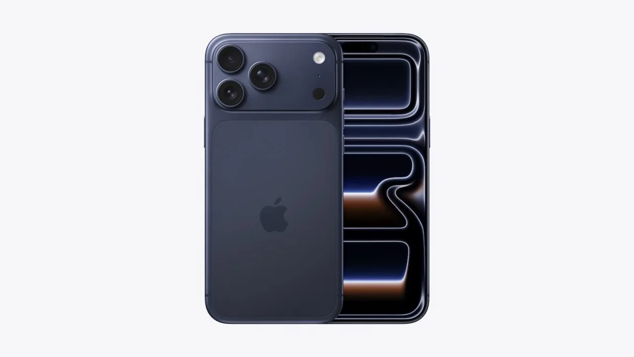 iPhone 17 Pro in Deep Blue shown front and back with its OLED display on, the panel type Apple is said to stockpile for longer
