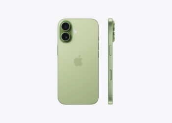 iPhone 17 in sage seen from the back and side, the base model driving Apple's share of the premium smartphone market