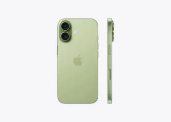 iPhone 17 in sage seen from the back and side, the base model driving Apple's share of the premium smartphone market