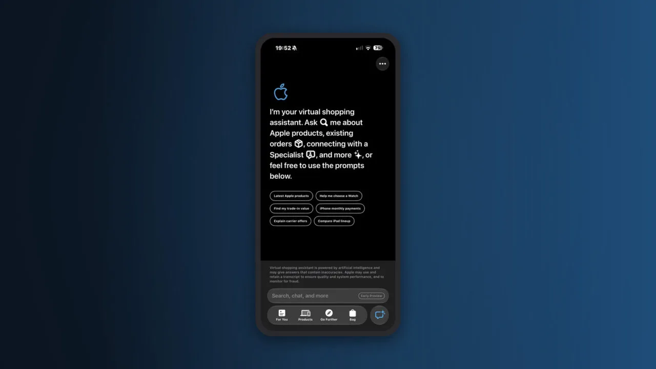 iPhone showing the Apple Store app AI assistant with a greeting and six prompts