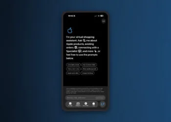 iPhone showing the Apple Store app AI assistant with a greeting and six prompts