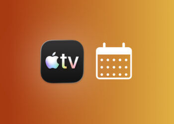 Apple TV app icon next to a drawn calendar page on an autumnal gradient, marking the Apple TV release dates for autumn 2026