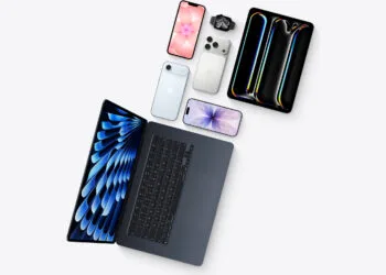 Overhead arrangement of a MacBook, iPad, several iPhones and an Apple Watch as offered through the Apple Upgrade leasing program