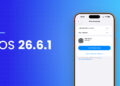 The iPhone displays the software update settings with iOS 26.6.1 and the update button.