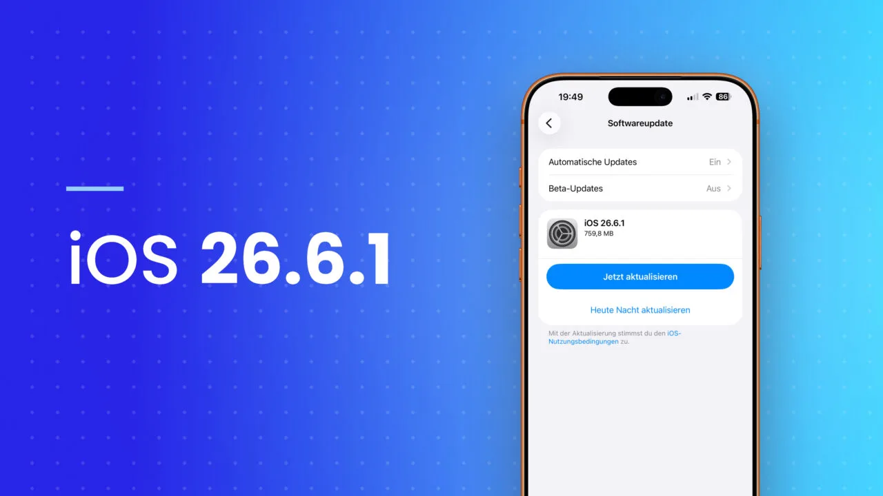 The iPhone displays the software update settings with iOS 26.6.1 and the update button.