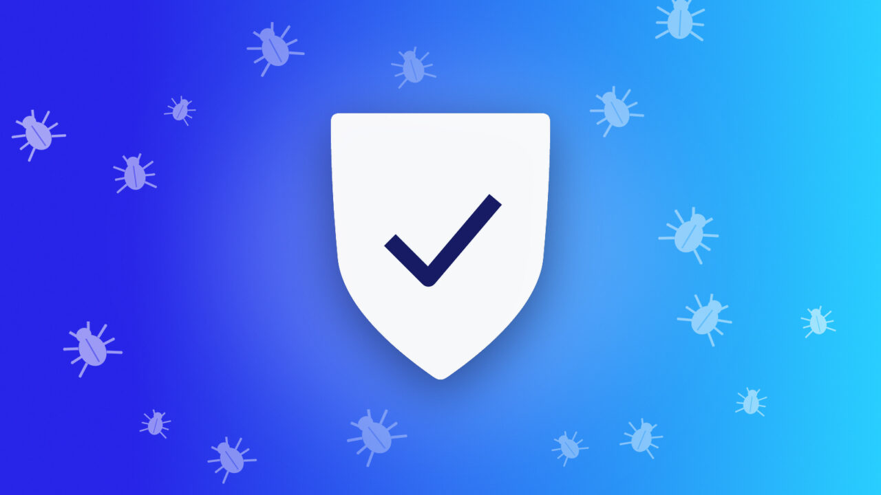 Illustration with a shield and a checkmark in the middle, surrounded by scattered beetles as a symbol of the closed security gaps.