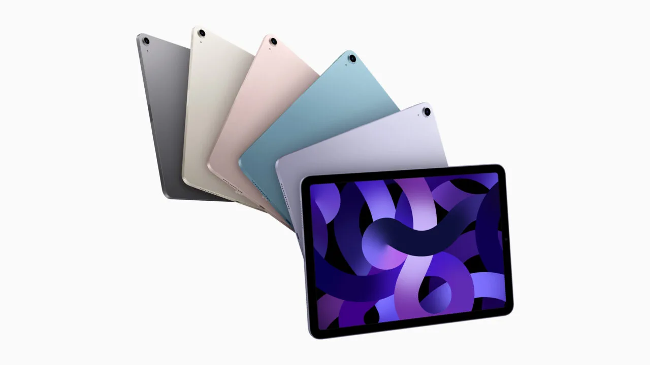 Six iPad Air models fanned out in different colors, one with its display on, as BOE aims to become a second panel supplier for the OLED iPad Air