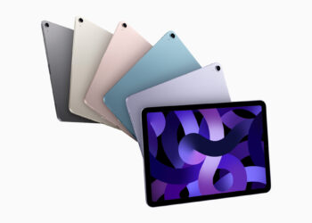 Six iPad Air models fanned out in different colors, one with its display on, as BOE aims to become a second panel supplier for the OLED iPad Air