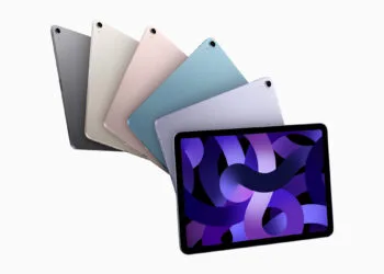 Six iPad Air models fanned out in different colors, one with its display on, as BOE aims to become a second panel supplier for the OLED iPad Air