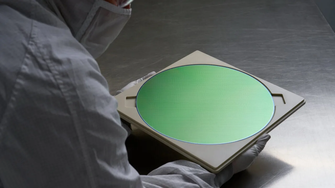 Worker in a cleanroom suit holding a semiconductor wafer of the kind TSMC also produces for iPhone 18 Pro chips