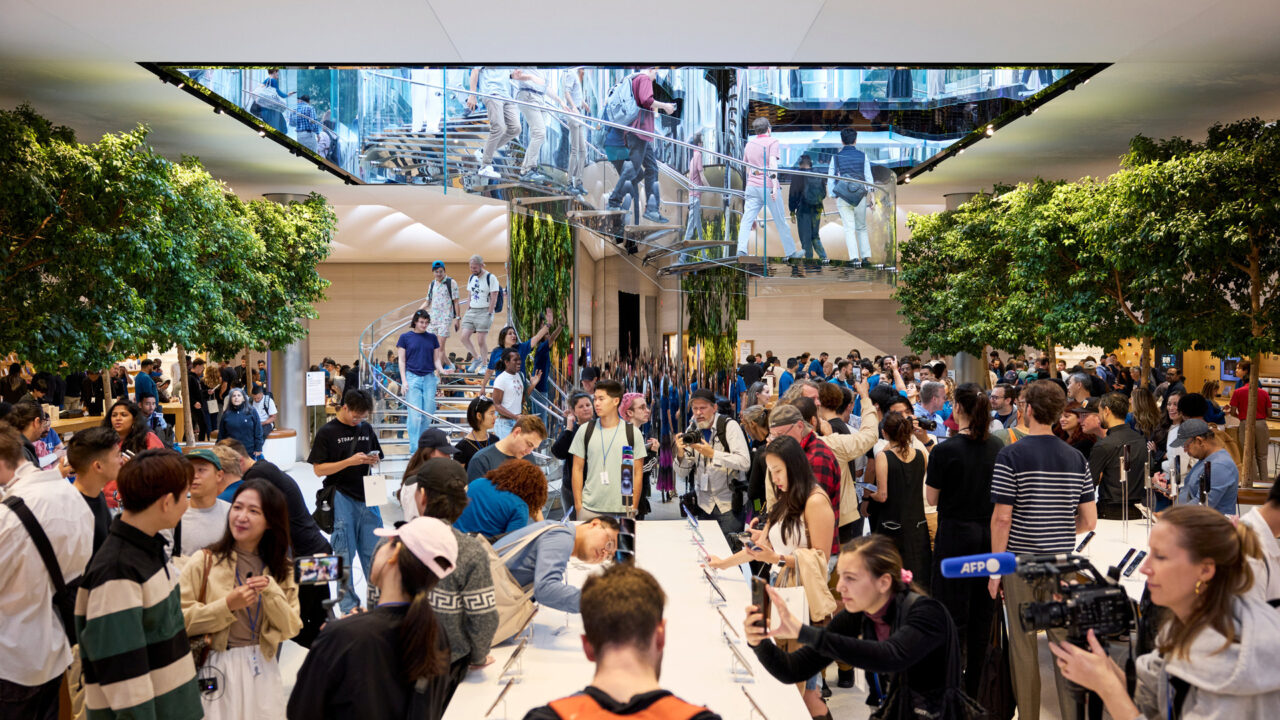 Customers crowding an iPhone launch day at the Apple Store on Fifth Avenue in New York, where the iPhone Ultra market launch is said to begin first