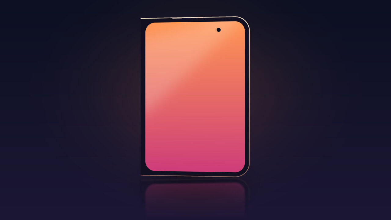 Drawn outline of the folded iPhone Ultra with square corners on the hinge side and rounded corners opposite, matching the leaked iPhone Ultra screen protectors