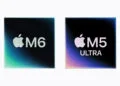 Apple M6 and M5 Ultra chips side by side, each with Apple logo on a colored gradient