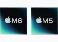 The Apple M6 and M5 chips side by side, M6 on the left and M5 on the right, comparing M6 vs M5
