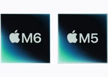 The Apple M6 and M5 chips side by side, M6 on the left and M5 on the right, comparing M6 vs M5