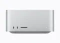 Mac Studio with M5 Ultra in silver from the front with two USB-C ports and SD card slot
