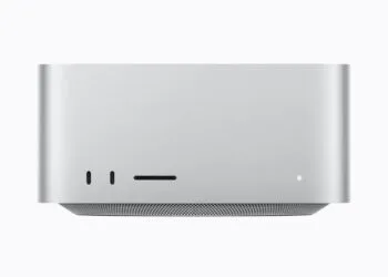 Mac Studio with M5 Ultra in silver from the front with two USB-C ports and SD card slot