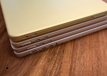 Four stacked MacBooks seen from the port side with MagSafe 3 and USB-C, where each model needs a different MacBook power adapter for full charging speed