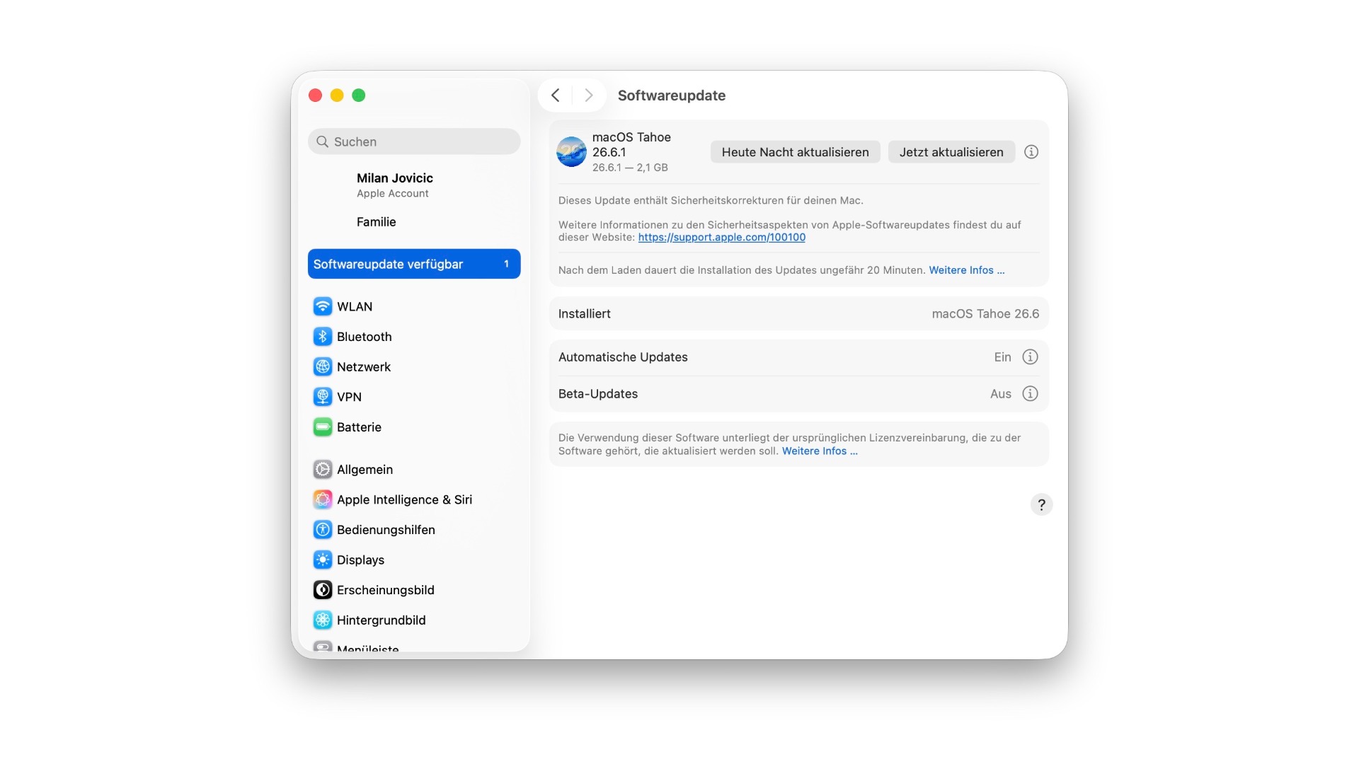 Software Update in System Settings on a Mac showing the available macOS Tahoe 26.6.1 update