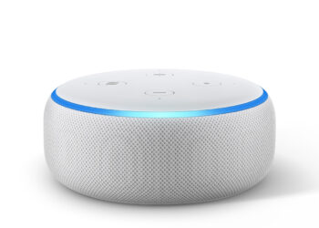 Third-generation Amazon Echo Dot in white, whose round shape is said to resemble the reported OpenAI speaker