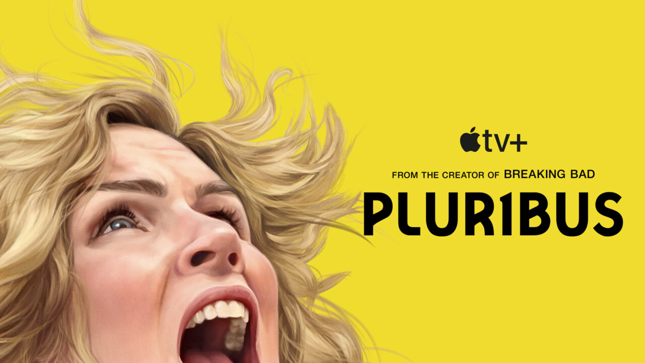 Key art for the Apple TV series Pluribus showing a screaming woman against a yellow background, with Pluribus season 2 about to begin filming