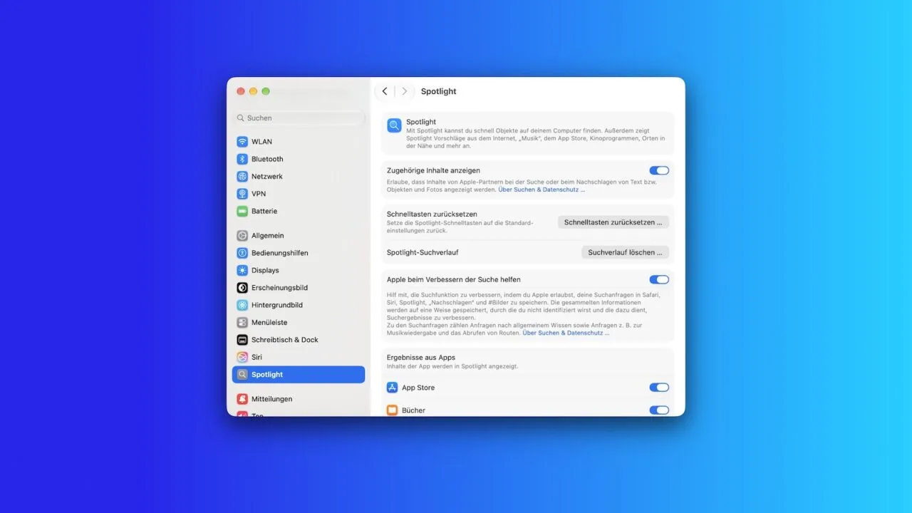 Spotlight settings on the Mac, where you can control which content Spotlight indexing covers