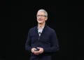 Tim Cook on his last day as Apple CEO speaking on an Apple stage