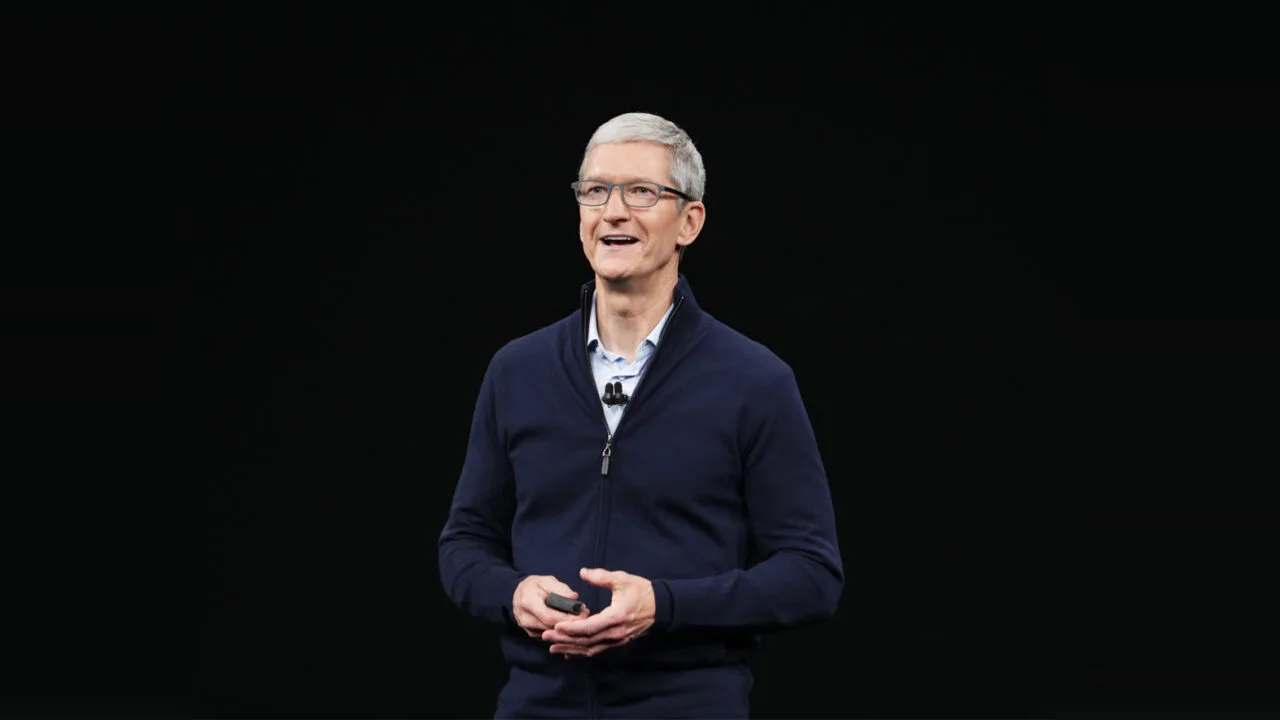 Tim Cook on his last day as Apple CEO speaking on an Apple stage