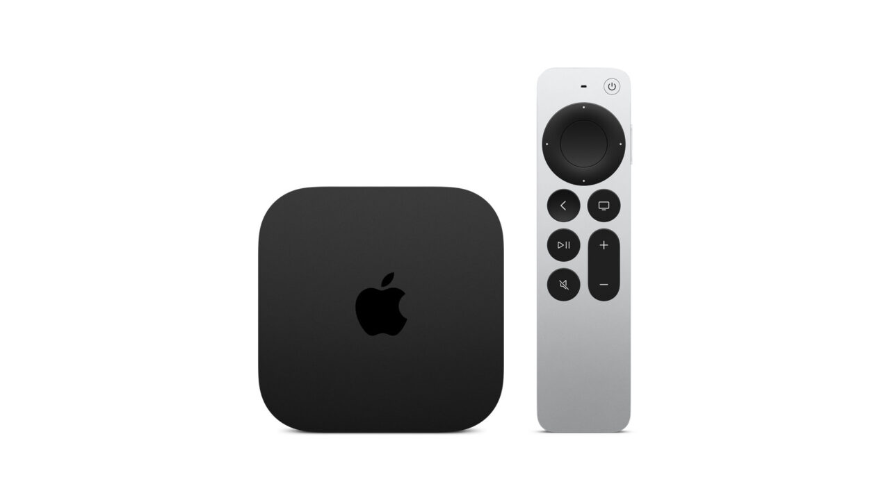 Apple TV 4K with Siri Remote on a white background, the device for tvOS 27 with Siri AI