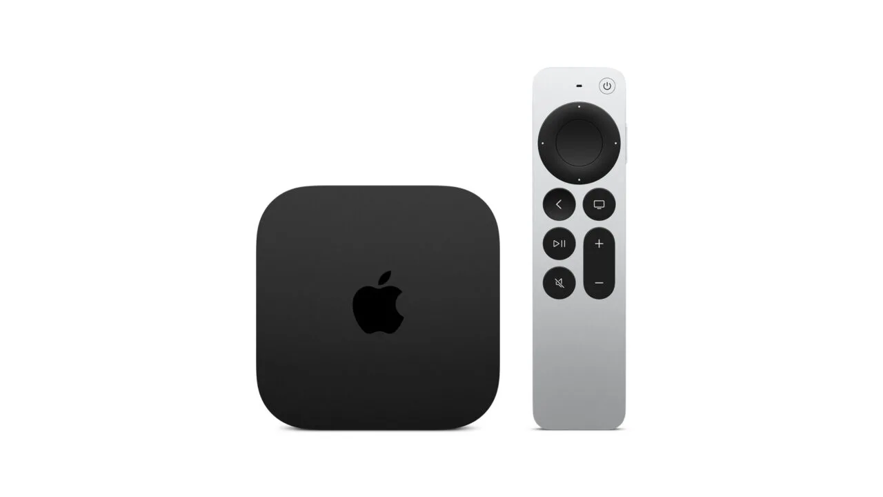 Apple TV 4K with Siri Remote on a white background, the device for tvOS 27 with Siri AI