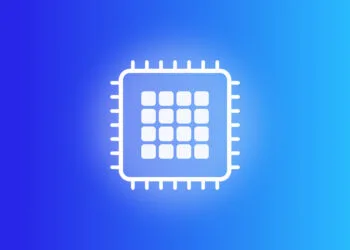 Illustrated chip motif for the A20 Pro on a blue gradient
