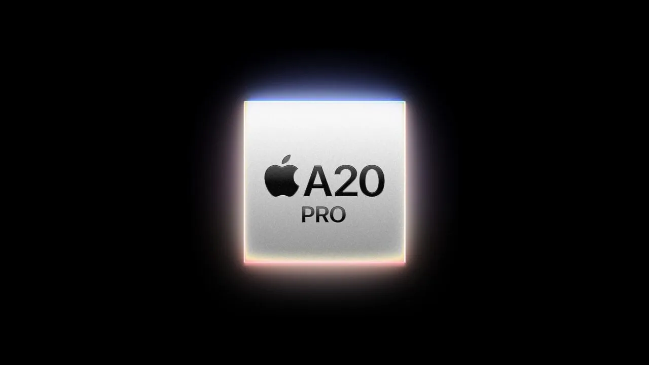 A20 Pro vs. A19 Pro: Apple's rendering of the A20 Pro chip with the Apple logo on a light chip package against a black background