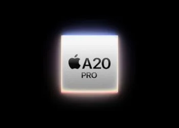 A20 Pro vs. A19 Pro: Apple's rendering of the A20 Pro chip with the Apple logo on a light chip package against a black background