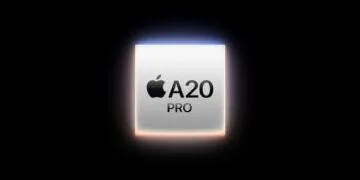 A20 Pro vs. A19 Pro: Apple's rendering of the A20 Pro chip with the Apple logo on a light chip package against a black background