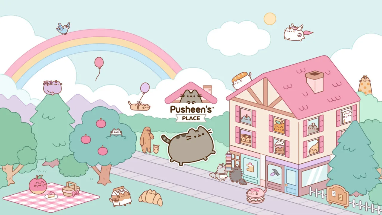 Apple Arcade October 2026: illustrated village scene from Pusheen's Place with cat characters, house and rainbow
