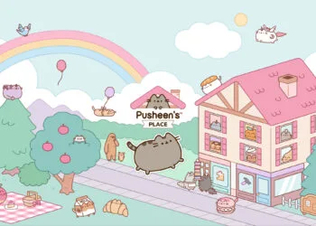 Apple Arcade October 2026: illustrated village scene from Pusheen's Place with cat characters, house and rainbow