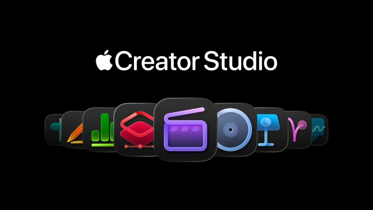 Apple Creator Studio wordmark above a row of app icons with Final Cut Pro in the center on a black background