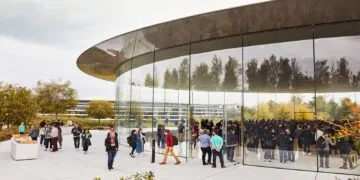 Guests stream into the glass Steve Jobs Theater at Apple Park, the venue of Apple events such as the possible Apple event on October 13