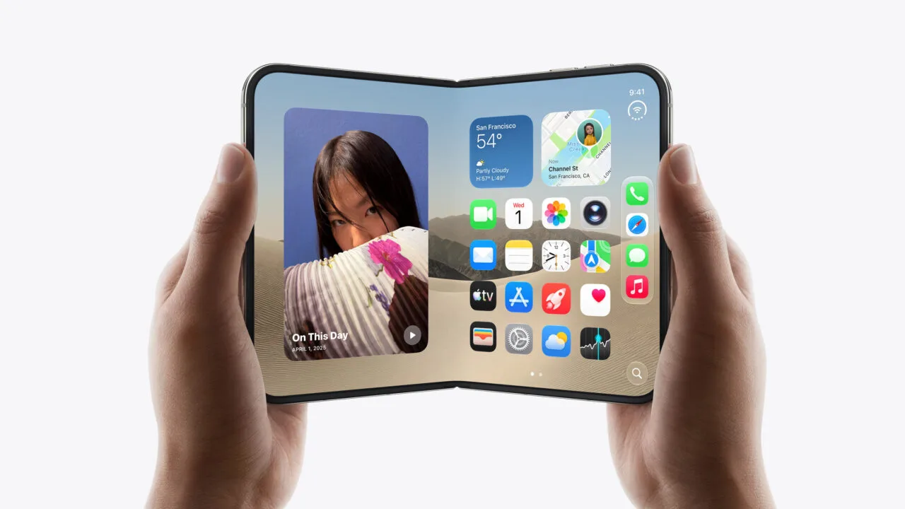 Apple event overview: unfolded iPhone Duo held in two hands showing the home screen on the inner display